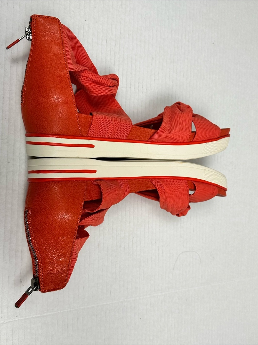 Eileen Fisher Zanya Wedge Sandal Leather Stretch Mesh Strap Red Orange Size 8.0 - Picture 10 of 13